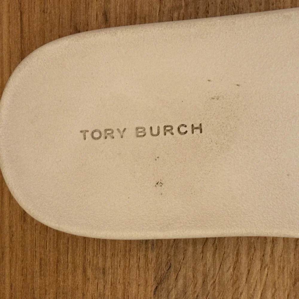 TORY BURCH Mellow Slide Sandals White Gold Metal Buckle Women Size 8 Flat Casual
